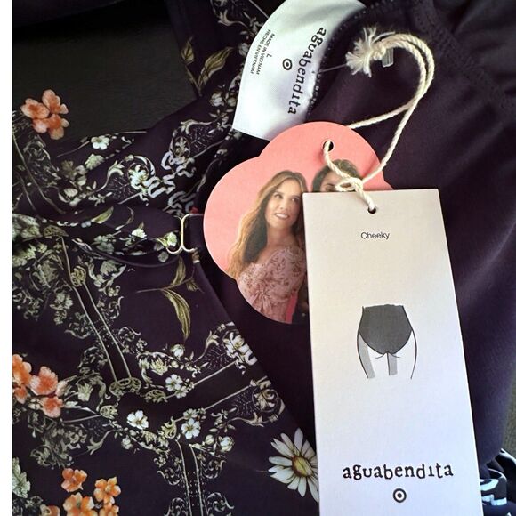 Aguabendita Blue/Pink Floral Tile Print Cheeky One Piece Swimsuit Sz. L (12-14) - Picture 6 of 7